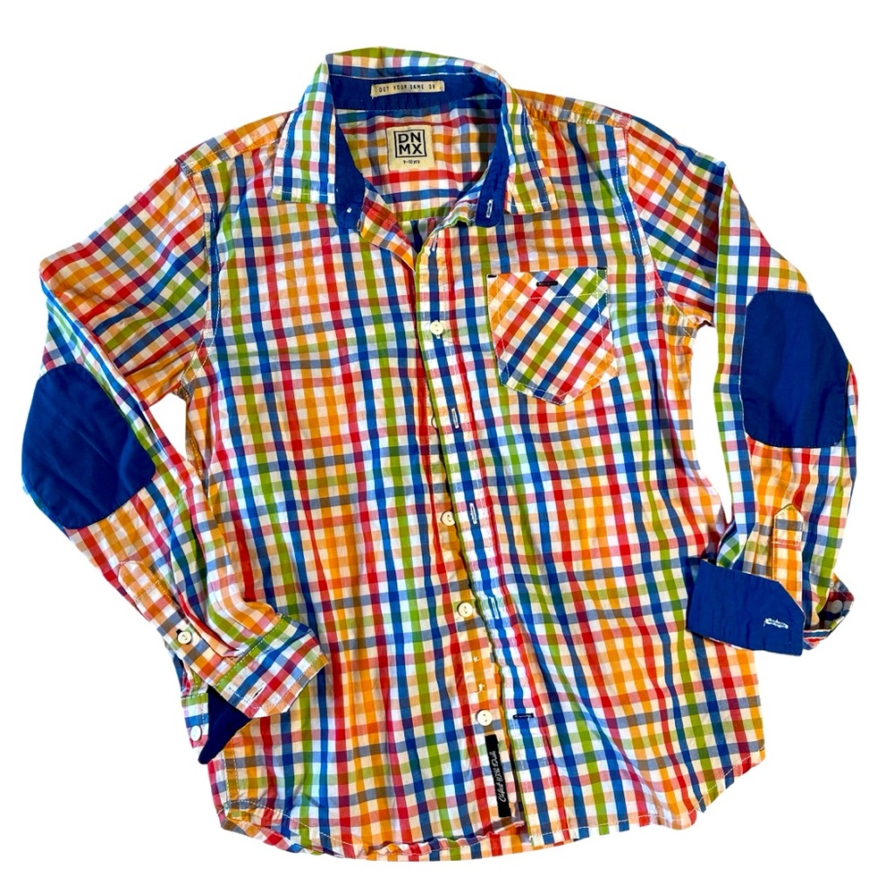 DNMX “ Get Your Game On” Multicolor Button Down with Blue Flip Cuff and Elbow